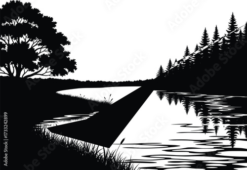 Serene lake landscape, black and white silhouette, calm water reflection, tree and forest scene, peaceful nature view, tranquil outdoor illustration, vector art
