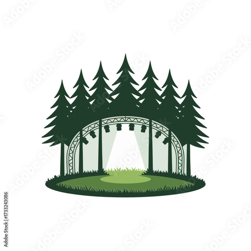 Outdoor forest stage illustration, pine tree backdrop, string lights and curtains, event venue concept, festival performance graphic vector