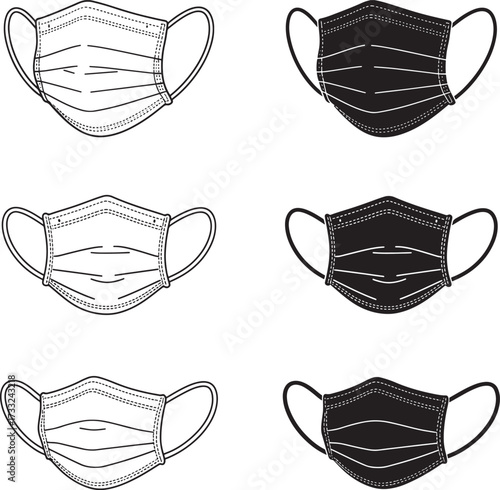 Hand Drawn Medical Face Mask Set in Line Art and Silhouette Illustrations