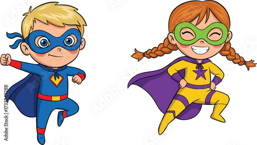 Cartoon superhero kids, flying children, fantasy costumes, heroic play, comic style, empowerment art, adventure design, playful characters, creative illustration, dynamic action