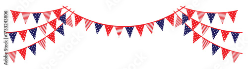 bunting garland decoration. American triangular flag bunting garlands for independence day celebration. USA flag ornament. hanging triangular flags for 4 july. 4th of July festivity concept.