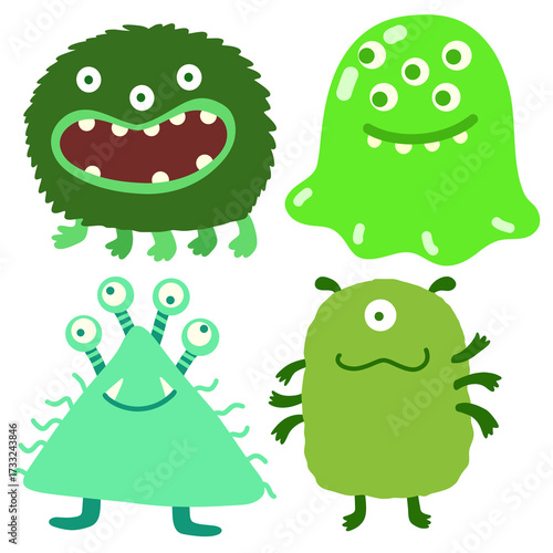 Cute Cartoon Green Monsters Set – Funny Creatures Vector Illustration