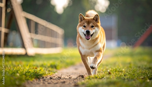 Fototapeta Naklejka Na Ścianę i Meble -  Happy Shiba Inu running in a park
