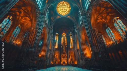 Wallpaper Mural Majestic Gothic Cathedral Interior with Golden Light and Rose Window. Torontodigital.ca