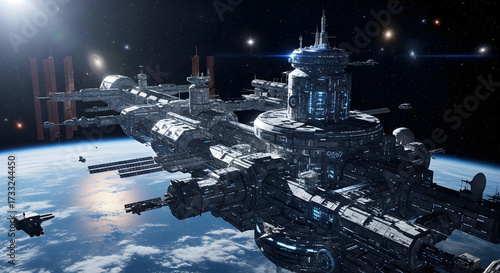 Fototapeta Naklejka Na Ścianę i Meble -  Futuristic Orbital Space Station Above Earth