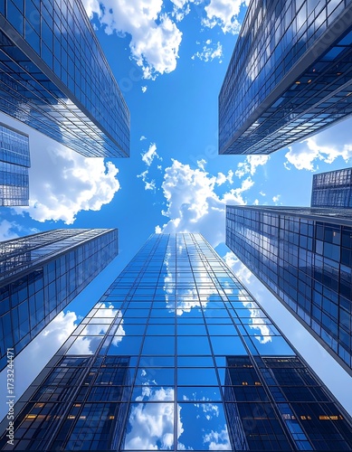 Skyscrapers reflecting a partly cloudy sky