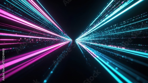 Abstract digital illustration with vibrant streaks of light, bright pink and neon blue, emanating from a central point,