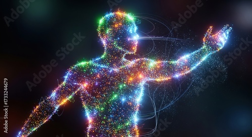 Illuminated human figure composed of colorful glowing particles against a dark background art design