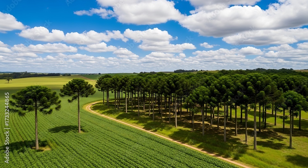 Fototapeta premium Scenic Landscape featuring Araucaria Trees with Green Fields and Sky