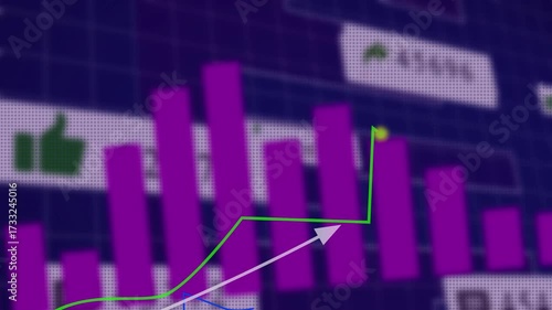 Wallpaper Mural Abstract financial graph rising green line arrow pointing up purple bar chart dark blue grid background digital data analysis concept Torontodigital.ca