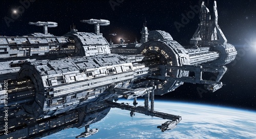 Fototapeta Naklejka Na Ścianę i Meble -  Futuristic Orbital Space Station Above Earth