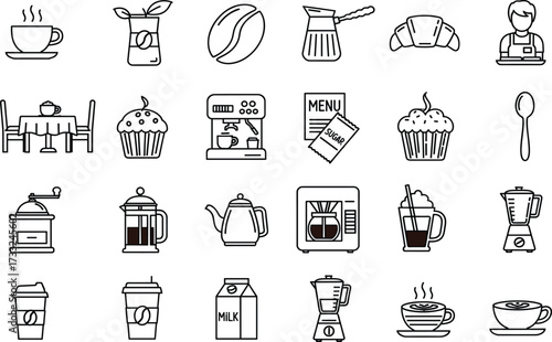 Coffee, café, drink, breakfast, beverage, icon, silhouette, espresso, latte, cappuccino, croissant, grinder, muffin, milk, teapot, blender, barista, scoop, French press, Wi-Fi