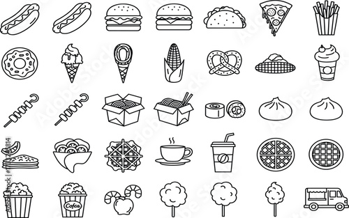 Food, snack, fast food, street food, dessert, drink, icon, silhouette, burger, pizza, taco, sushi, waffle, donut, sandwich, wrap, popcorn, coffee, candy, skewer, takeout