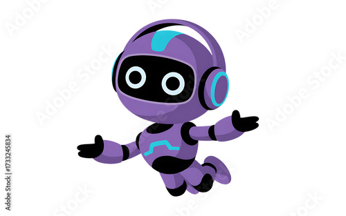 Cute purple robot with glowing blue accents floating playfully animation isolated on transparent background