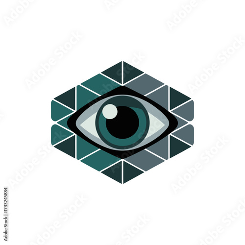 geometric eye symbol, hexagon mosaic pattern, surveillance vision concept, modern security technology icon, abstract vector emblem