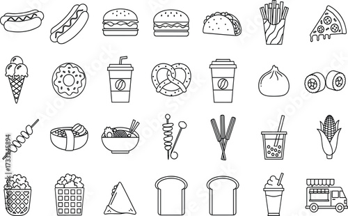 Food, snack, fast food, street food, dessert, drink, icon, silhouette, burger, pizza, taco, sushi, waffle, donut, skewer, popcorn, salad, rice bowl, milkshake, food truck