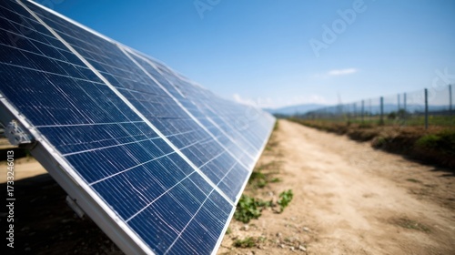 Rows of photovoltaic solar panels angled towards the sun, dry landscape with dirt pathway,
