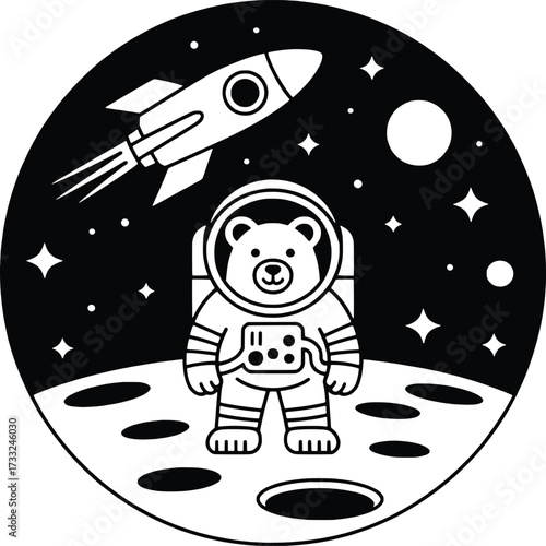 Cute astronaut bear standing on moon with rocket ship in space