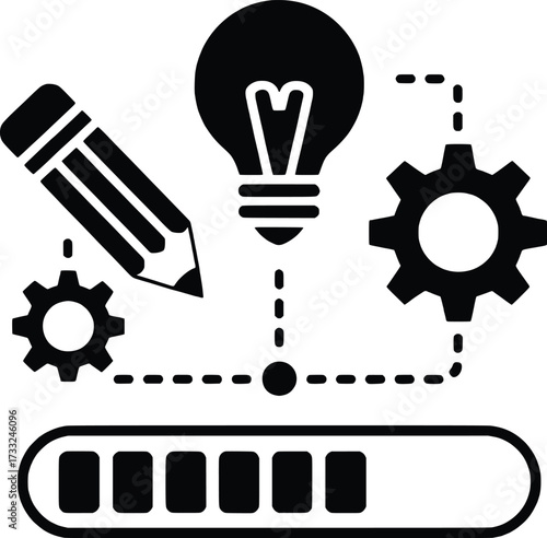 Creative process idea development gear progress lightbulb pencil workflow concept