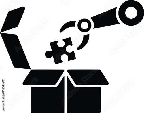Robotic arm assembling puzzle piece into open box for manufacturing innovation