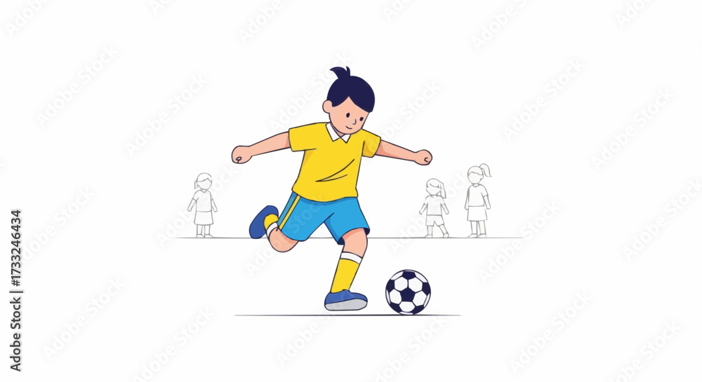 Obraz premium Vibrant illustration of a determined young boy skillfully kicking a soccer ball, embodying the spirit of youth sports, teamwork, and healthy outdoor activity