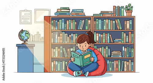 Young girl immersed in a book, surrounded by a cozy library, fostering a love of reading and education