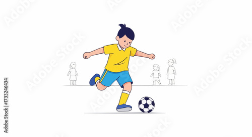 Vibrant illustration of a determined young boy skillfully kicking a soccer ball, embodying the spirit of youth sports, teamwork, and healthy outdoor activity