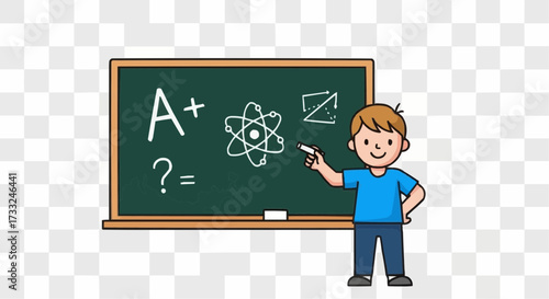 Smart young student boy writing on a school chalkboard with science and math formulas. Cartoon illustration of elementary education and learning