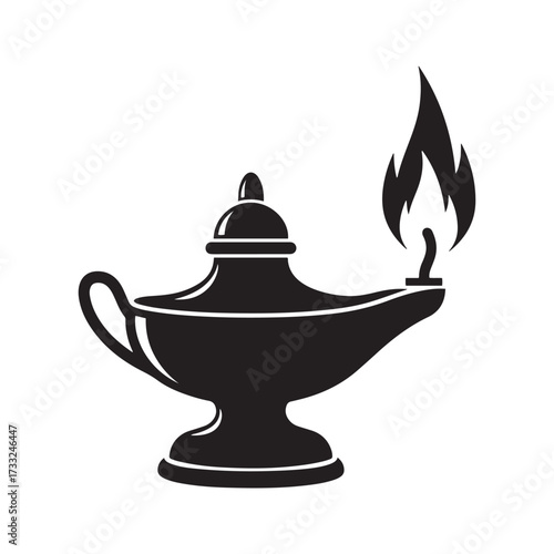 Hanukkah Silhouette of a Burning Oil Lamp with a Flame on White Background fire light