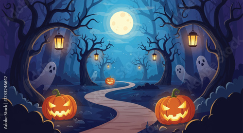 A serene autumn forest path winds through bare trees with lanterns, ghosts, and jack-o-lanterns under a full moon, evoking a spooky yet magical nighttime atmosphere.