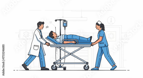 Medical professionals transport patient on a gurney in a hospital setting, illustration