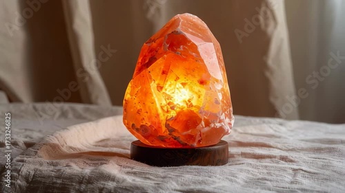 Warm glowing Himalayan salt lamp creates a serene ambiance on textured fabric surface