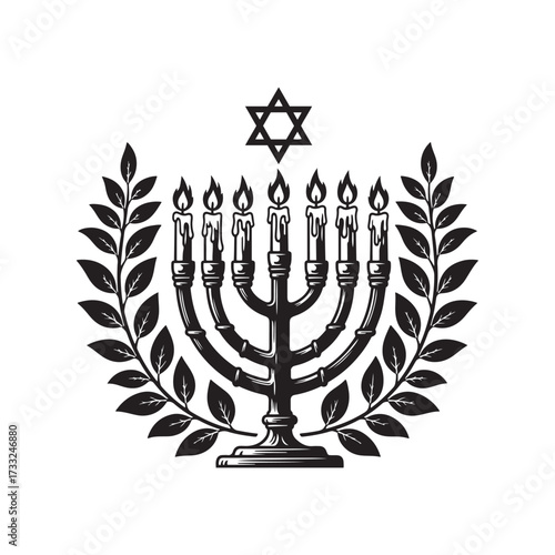 Menorah with Seven Candles and Star of David Surrounded by Laurel Branches hanukkah jewish