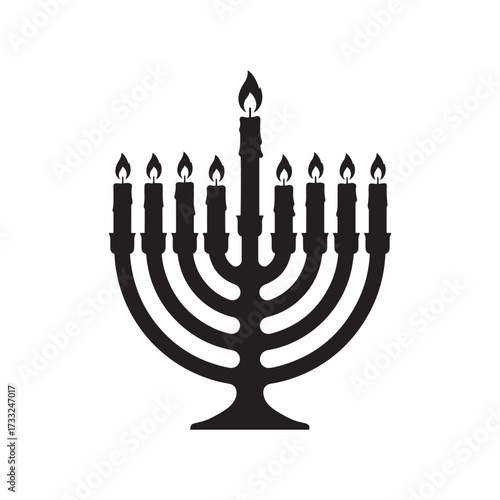 Black Silhouette of a Menorah with Nine Lit Candles on a White Background hanukkah jewish