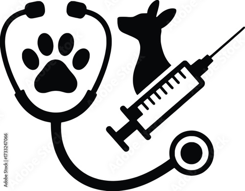 Veterinary care symbol paw print dog stethoscope syringe medical treatment icon