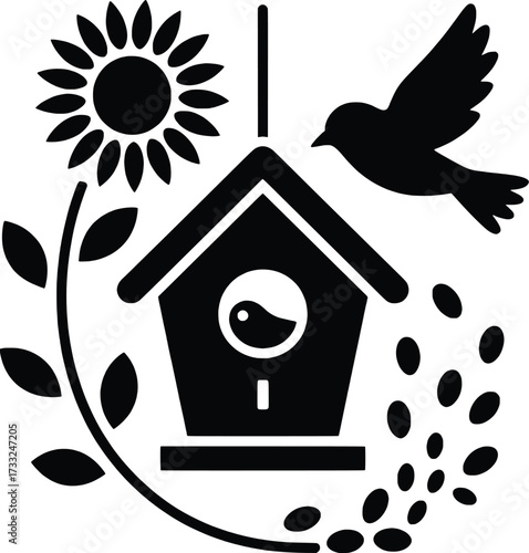 Charming birdhouse with flying bird sunflower and seeds artistic design