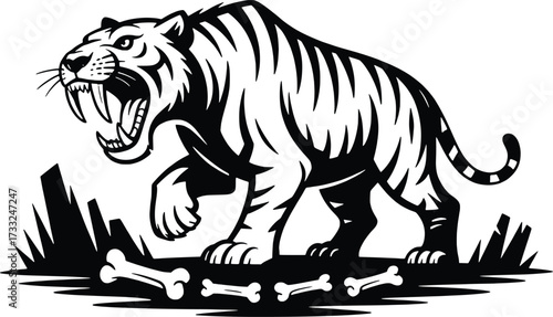 Ferocious tiger roaring among bones and grass in a detailed black and white graphic