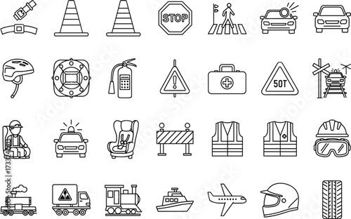Transportation safety icons, emergency equipment symbols, black and white vector set, helmet, lifebuoy, fire extinguisher, train, airplane, ship, hazard