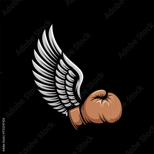 winged boxing glove, vintage fight emblem, athletic training symbol, speed power concept, retro sportswear badge design