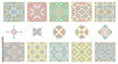 Seamless geometric ethnic patterns in pastel tones, digital art with intricate details and tribal motifs