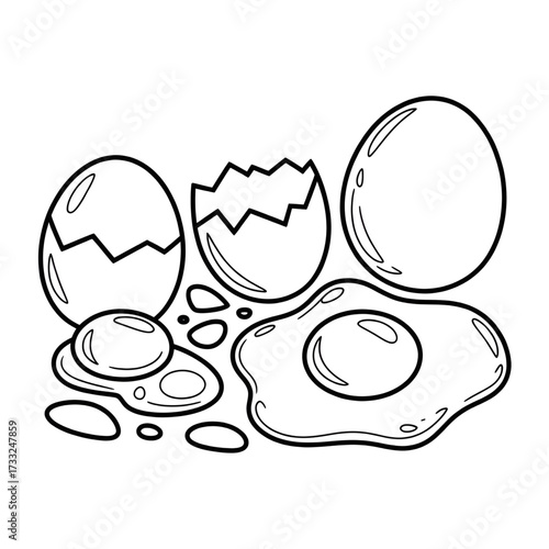Broken Eggshells and Egg Yolks Coloring Page for Kids, Breakfast Food Illustration, Printable Egg Scene