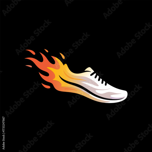 white running shoe on black, fiery speed trail, athlete footwear icon, sprinting sport design, bold modern vector