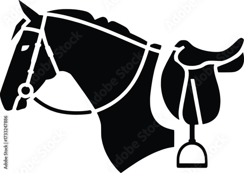 Silhouette of a horse head with saddle and bridle equestrian sport animal symbol
