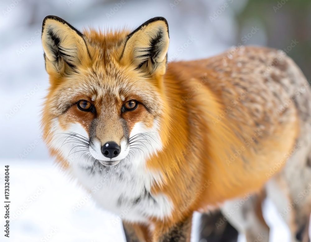 Fototapeta premium Close-up of a red fox in snowy setting, looking directly at the camera