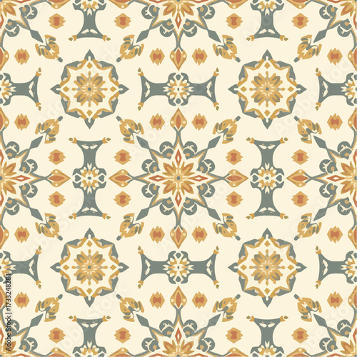 Seamless Ornamental Pattern Design with Floral and Geometric Elements for Background or Textile