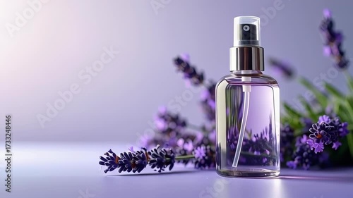 Relaxing lavender mist bottle with fresh blooming flowers, promoting tranquility and wellness.