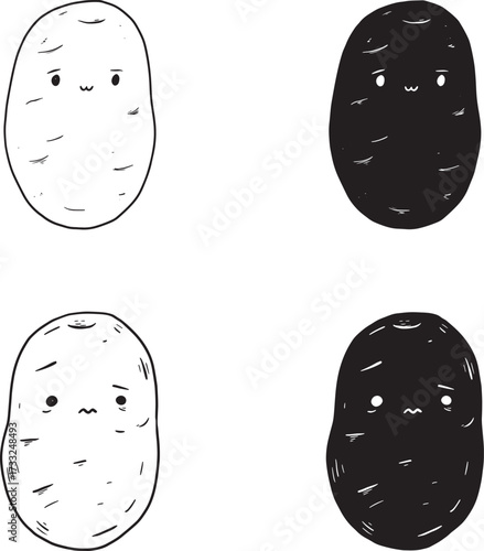 Four Potato Characters in Line Art and Silhouette Expressing Boredom and Indifference