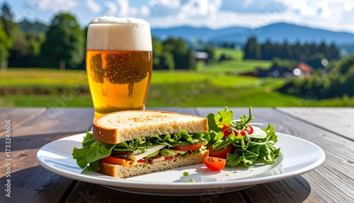An appetizing sandwich, salad, and beer sit atop a wooden table overlooking a scenic mountain landscape