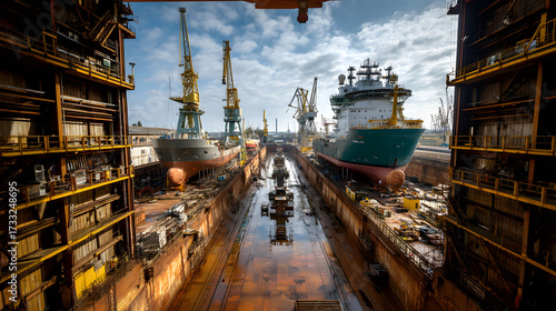 Ultra realistic editorial photograph of a shipbuilding facility showcasing multiple ships under construction in daylight