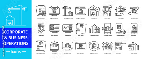 Corporate and Business Operations Icon Pack in Creative Outline Vector Style for Management Analytics Finance Inventory Mobile Dashboard Smart Office Solutions and Enterprise Use
